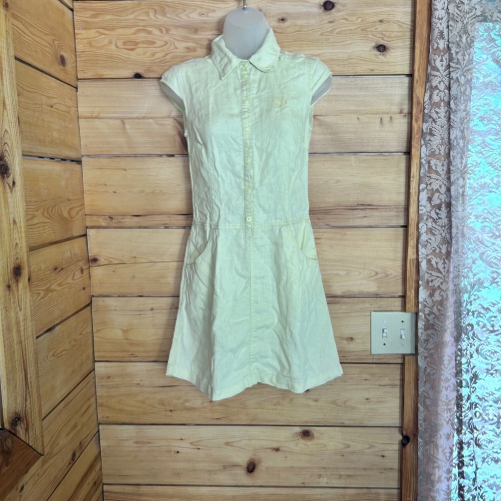 Vintage Linen Mini Shirt Dress Size 4 Bright Yellow Y2K Butterfly Divided